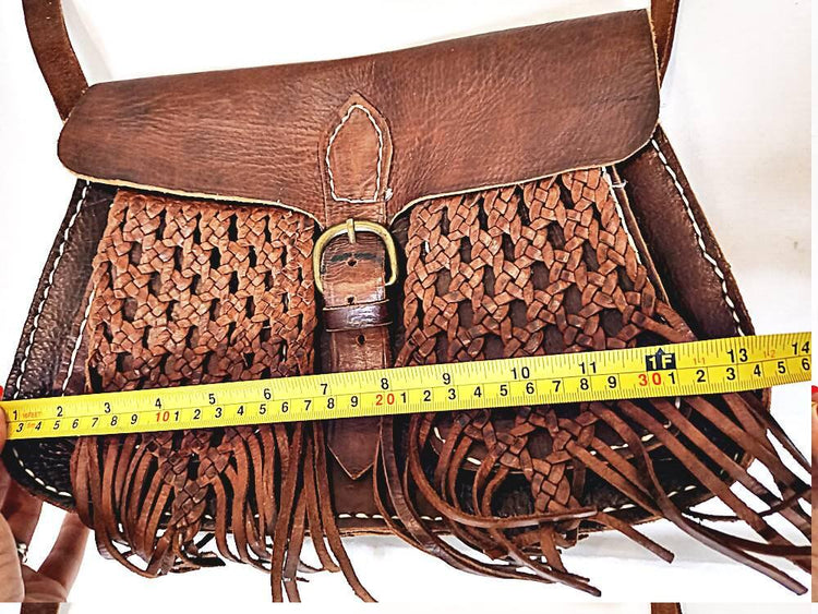 Vintage Moroccan Leather Fringe Bag: Braided Tassel Boho Purse