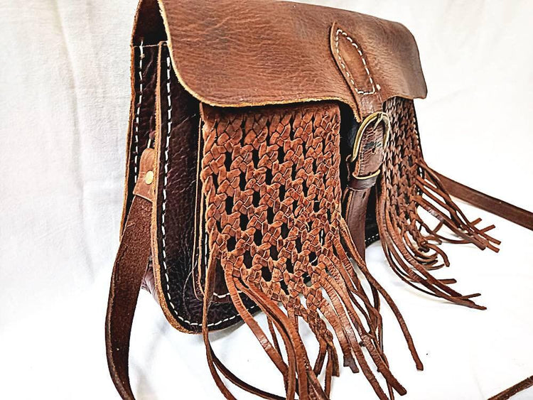 Vintage Moroccan Leather Fringe Bag: Braided Tassel Boho Purse