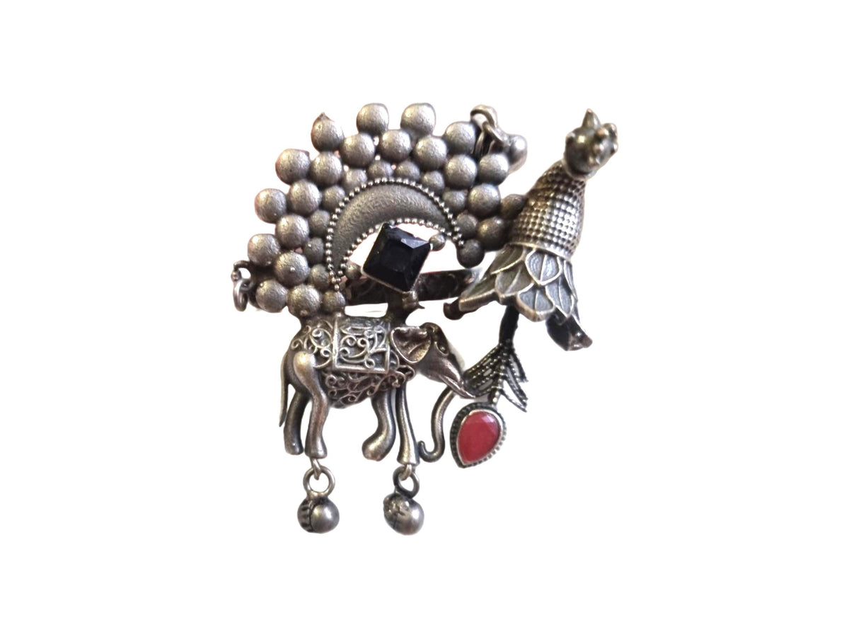 Oxidized Silver Elephant & Peacock Ring: Indian Boho Jewelry