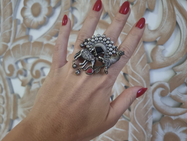 Oxidized Silver Elephant & Peacock Ring: Indian Boho Jewelry