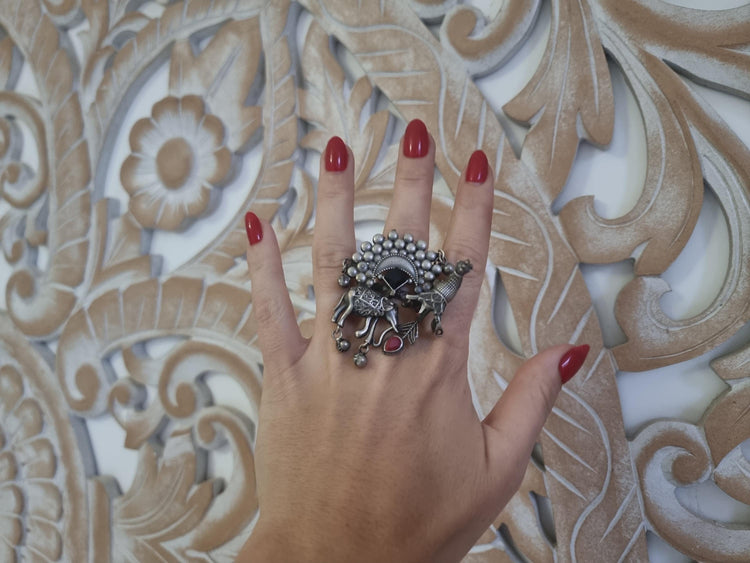 Oxidized Silver Elephant & Peacock Ring: Indian Boho Jewelry