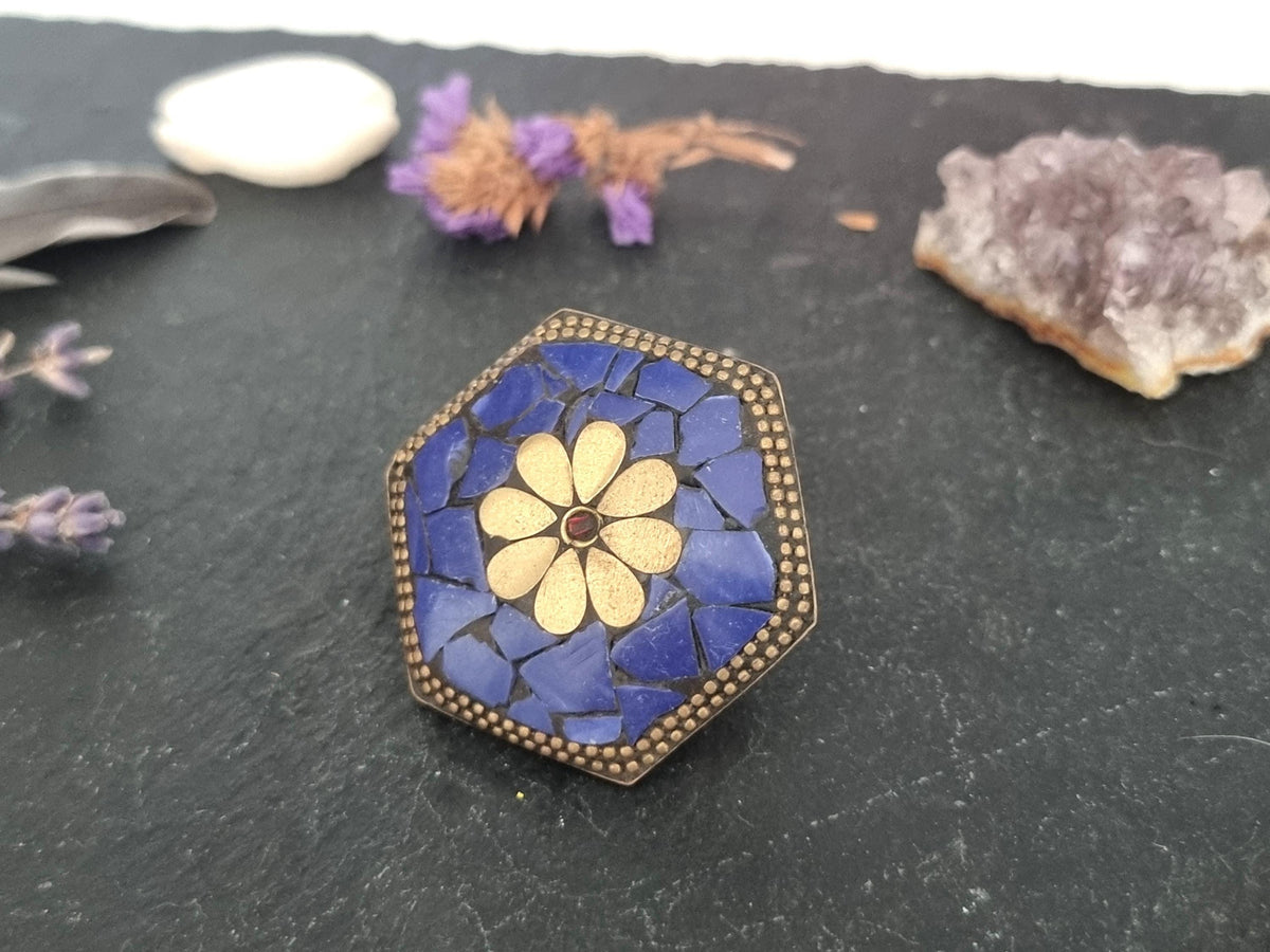 Tibetan Lapis Lazuli Mosaic Ring, Hexagon Statement Ring, Boho Brass Adjustable Ring, Nepali Inspired Jewelry, Gift for Her