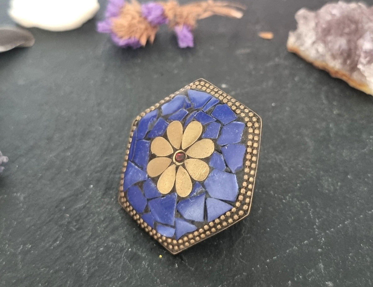 Tibetan Lapis Lazuli Mosaic Ring, Hexagon Statement Ring, Boho Brass Adjustable Ring, Nepali Inspired Jewelry, Gift for Her