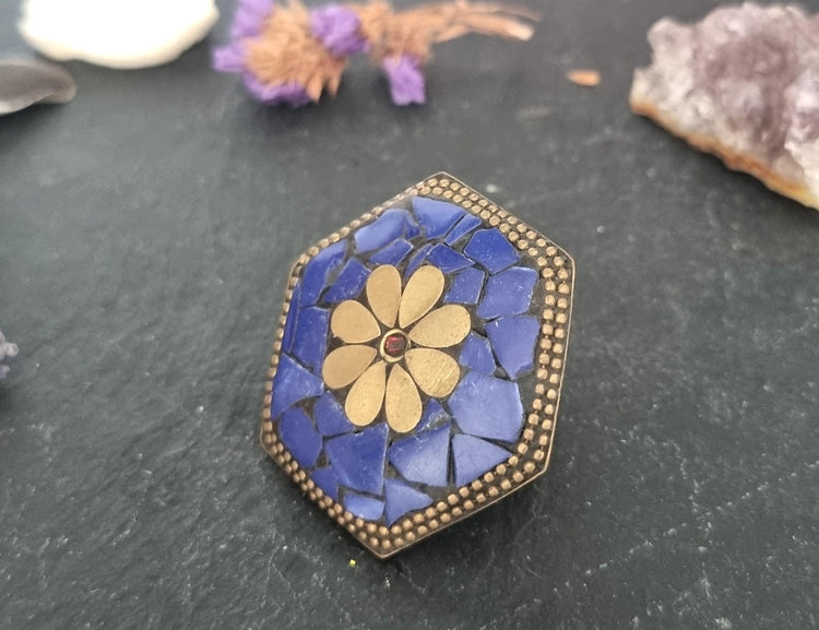 Tibetan Lapis Lazuli Mosaic Ring, Hexagon Statement Ring, Boho Brass Adjustable Ring, Nepali Inspired Jewelry, Gift for Her