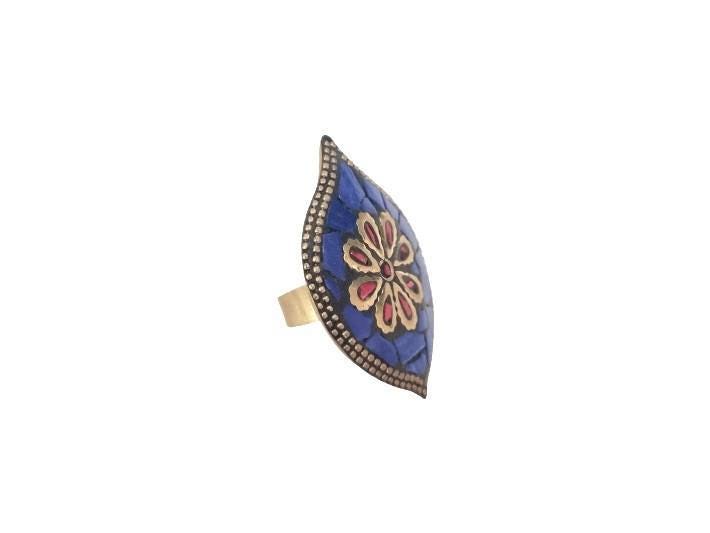 Tibetan Mosaic Ring, Coral Lapis Lazuli Statement Ring, Oval Brass Boho Ring, Nepali Inspired Adjustable Ring, Handmade Gift for Her