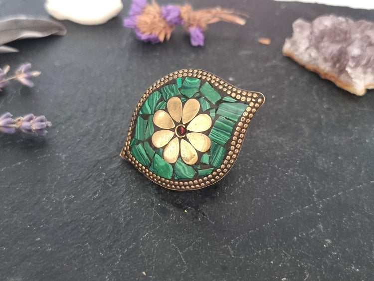 Green Malachite Mosaic Ring: Adjustable Brass Bohemian Statement