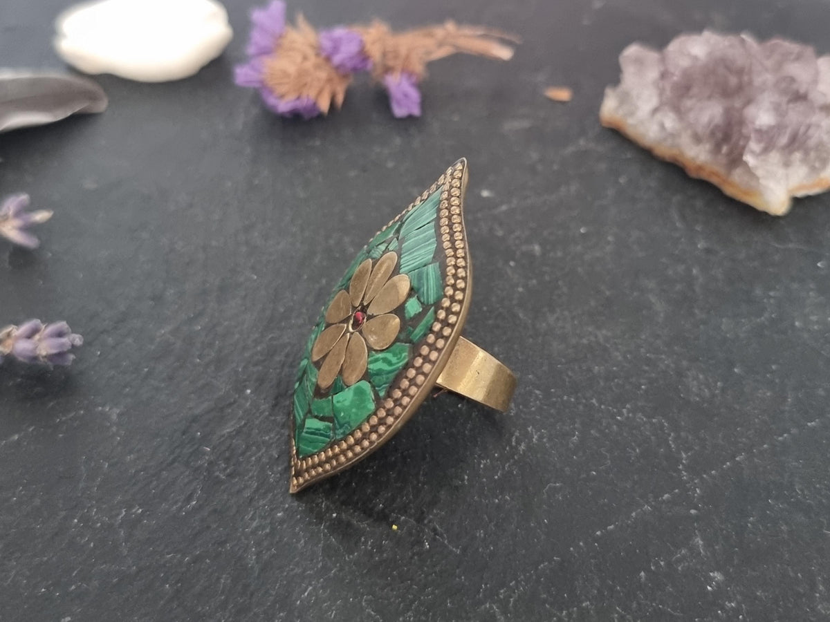 Green Malachite Mosaic Ring: Adjustable Brass Bohemian Statement