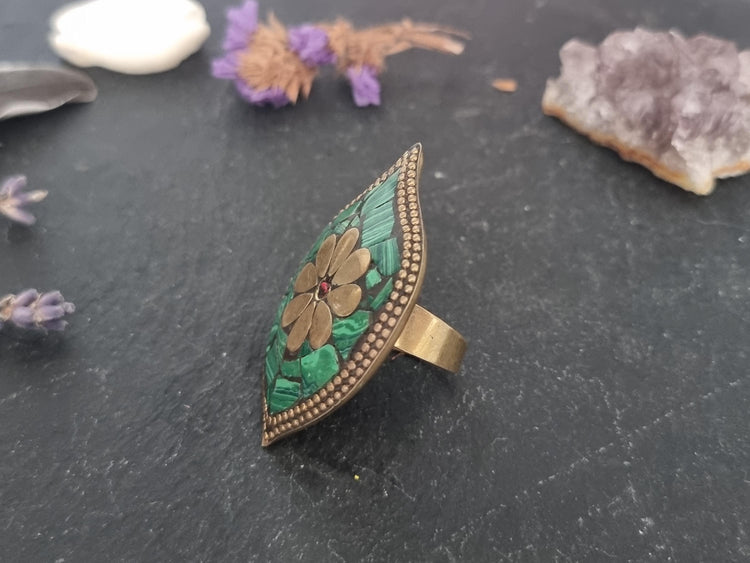Green Malachite Mosaic Ring: Adjustable Brass Bohemian Statement
