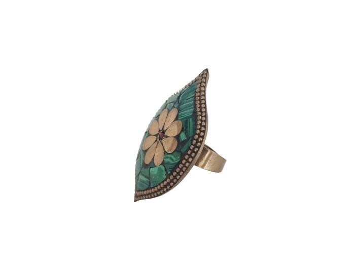 Green Malachite Mosaic Ring: Adjustable Brass Bohemian Statement