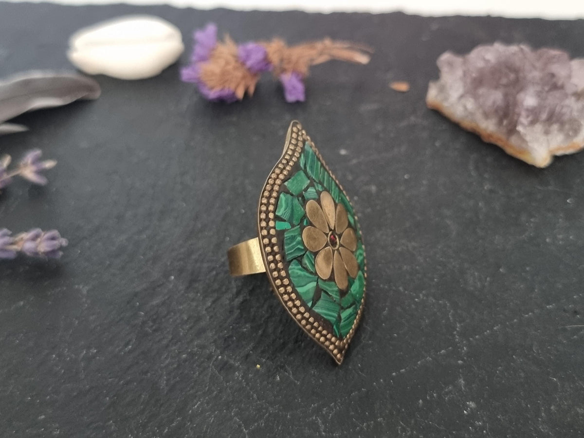Green Malachite Mosaic Ring: Adjustable Brass Bohemian Statement