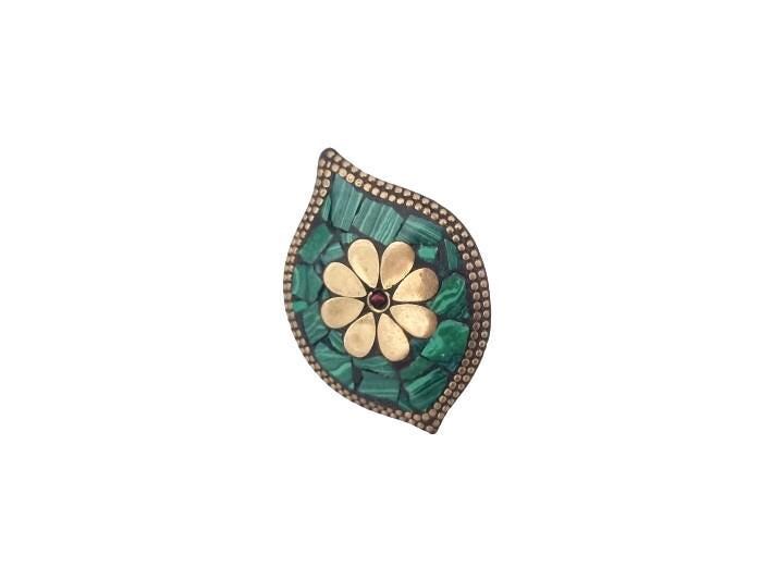 Green Malachite Mosaic Ring: Adjustable Brass Bohemian Statement