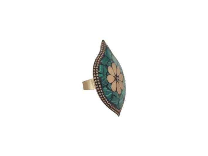 Green Malachite Mosaic Ring: Adjustable Brass Bohemian Statement