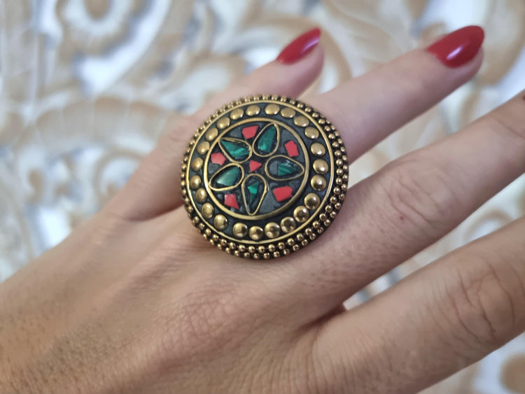Boho Brass Statement Ring: Tibetan Coral & Malachite Adjustable Jewelry