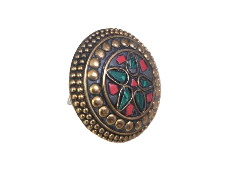 Boho Brass Statement Ring: Tibetan Coral & Malachite Adjustable Jewelry