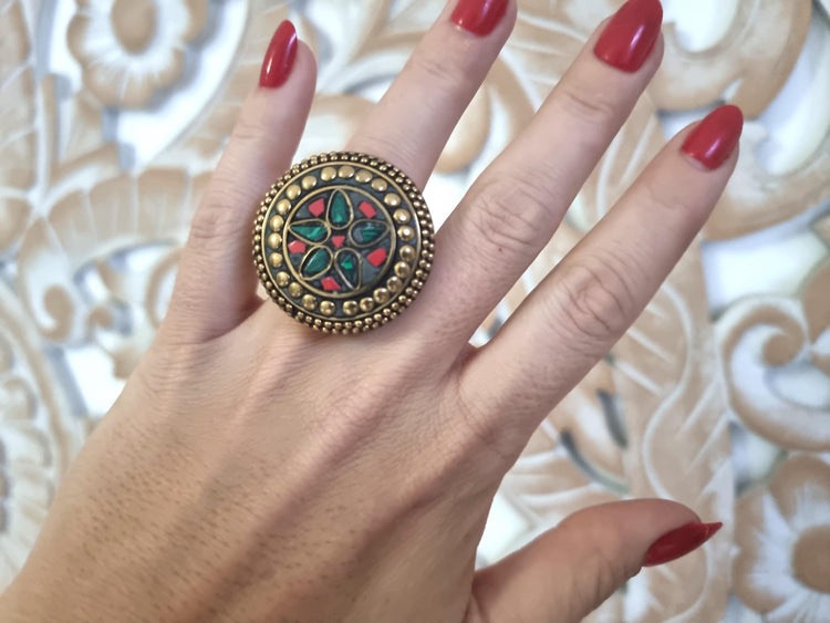 Boho Brass Statement Ring: Tibetan Coral & Malachite Adjustable Jewelry