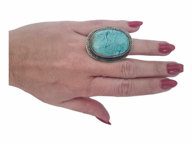Vintage Turquoise Statement Ring, Adjustable Silver Boho Ring, Tribal Turquoise Ring, Western Jewelry, Native Style Ring, Gift for Her