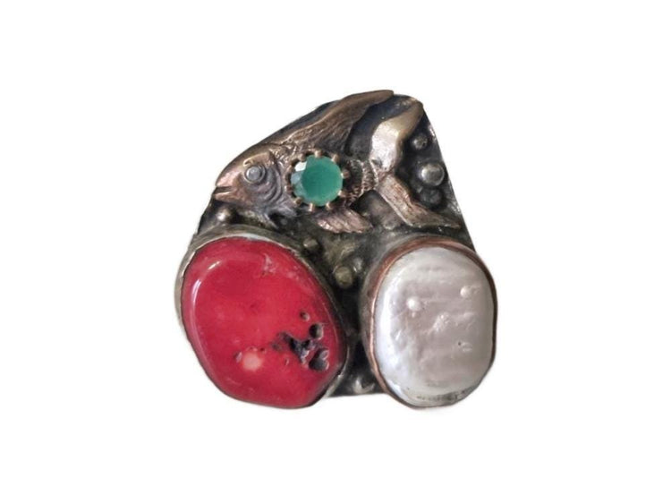 Fish Statement Ring, Handmade Brass Animal Ring, Coral Pearl Gemstone Ring, Boho Tribal Adjustable Ring, Ocean Jewelry Gift for Her