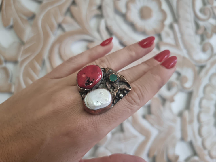 Fish Statement Ring, Handmade Brass Animal Ring, Coral Pearl Gemstone Ring, Boho Tribal Adjustable Ring, Ocean Jewelry Gift for Her