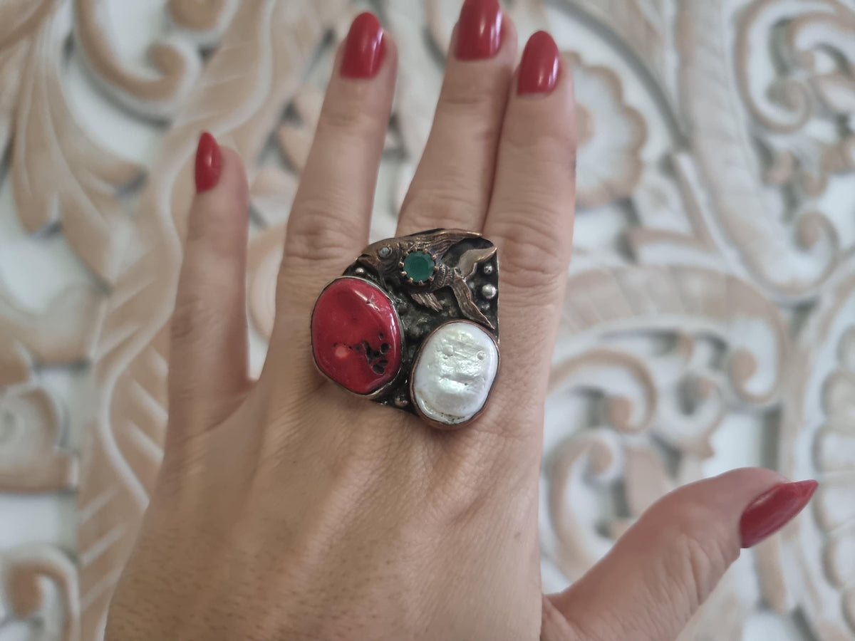 Fish Statement Ring, Handmade Brass Animal Ring, Coral Pearl Gemstone Ring, Boho Tribal Adjustable Ring, Ocean Jewelry Gift for Her