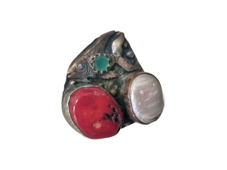Fish Statement Ring, Handmade Brass Animal Ring, Coral Pearl Gemstone Ring, Boho Tribal Adjustable Ring, Ocean Jewelry Gift for Her