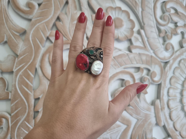 Fish Statement Ring, Handmade Brass Animal Ring, Coral Pearl Gemstone Ring, Boho Tribal Adjustable Ring, Ocean Jewelry Gift for Her