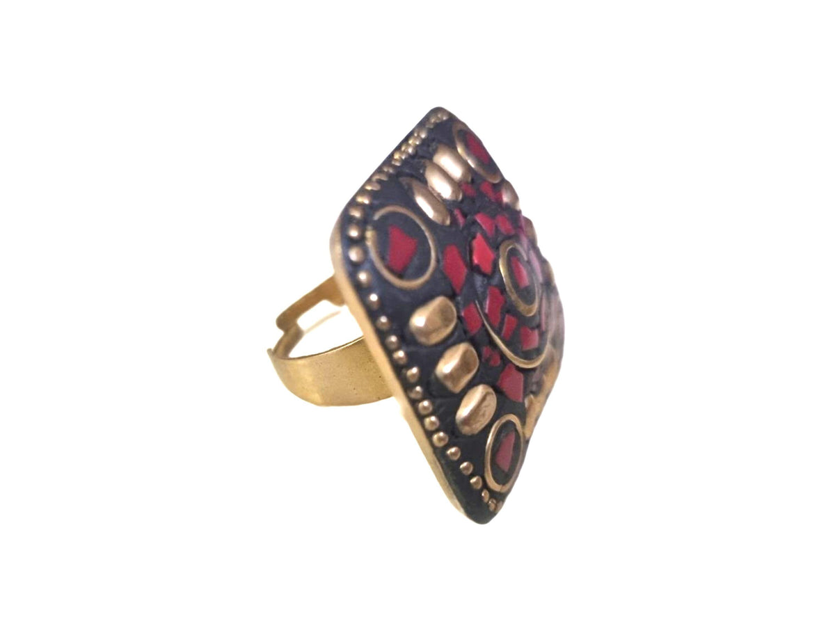 Tibetan Mosaic Ring: Red Stone Adjustable Brass Boho Ring