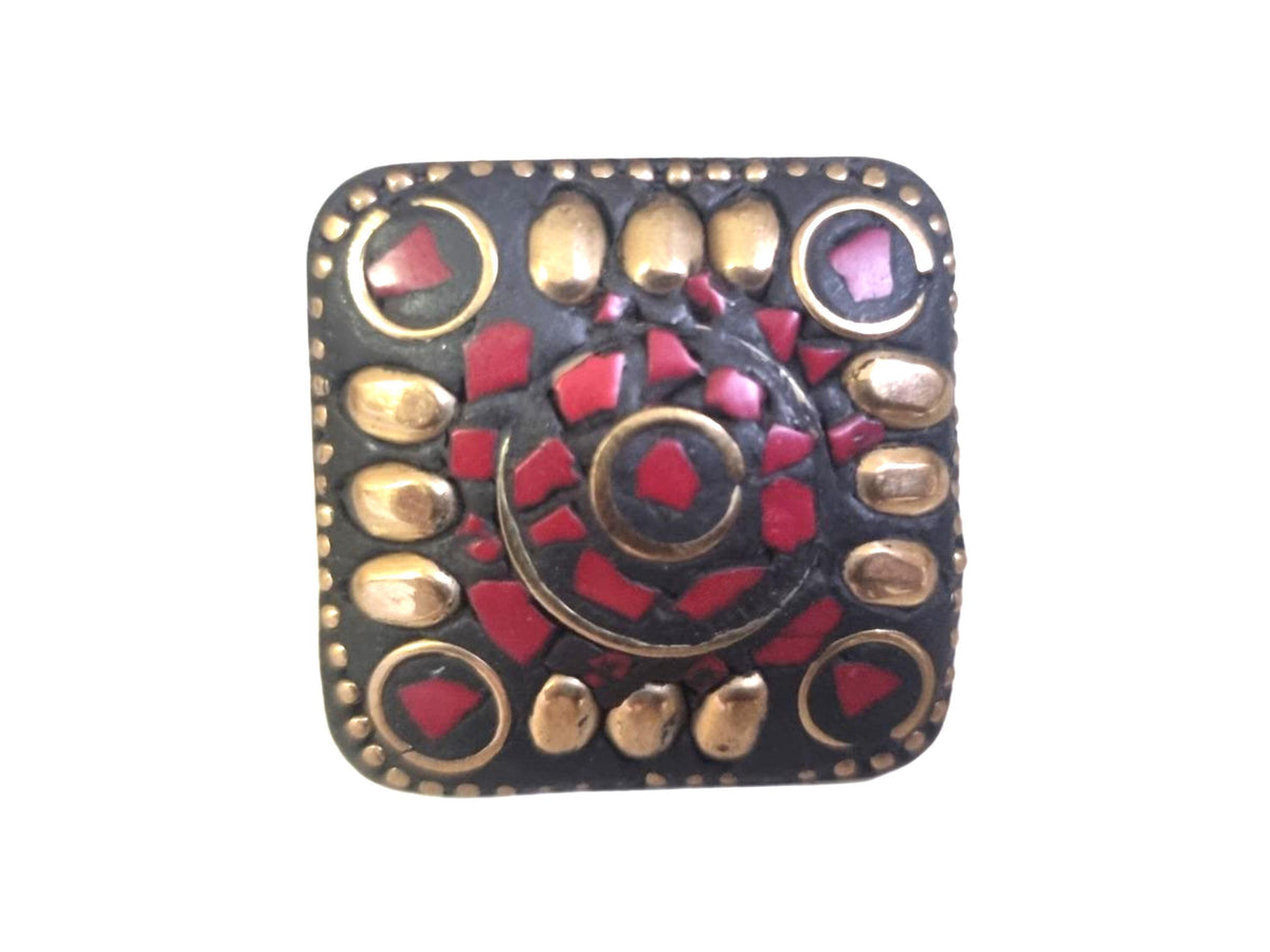 Tibetan Mosaic Ring: Red Stone Adjustable Brass Boho Ring