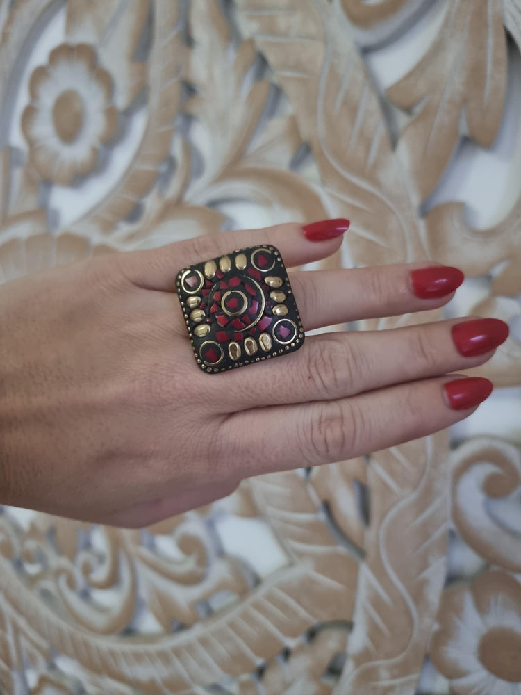 Tibetan Mosaic Ring: Red Stone Adjustable Brass Boho Ring