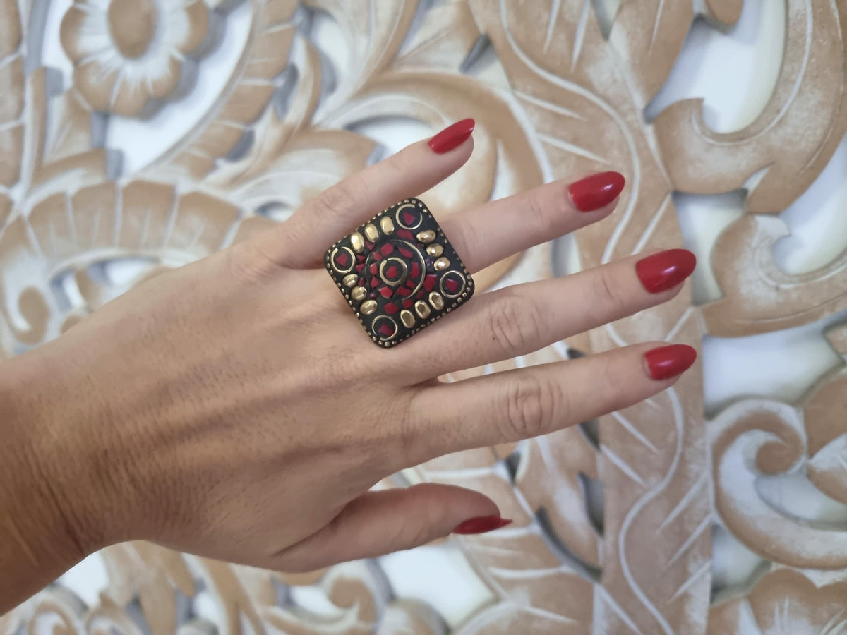 Tibetan Mosaic Ring: Red Stone Adjustable Brass Boho Ring