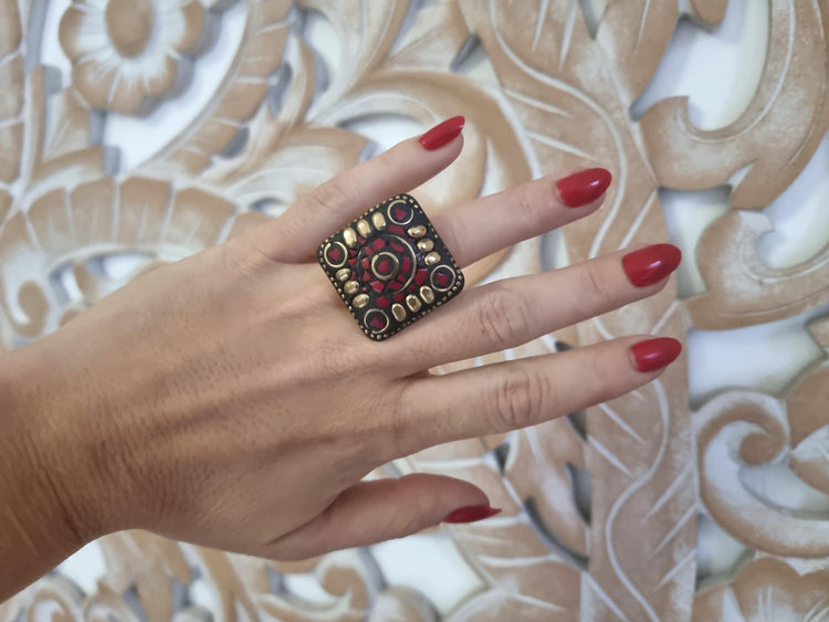 Tibetan Mosaic Ring: Red Stone Adjustable Brass Boho Ring