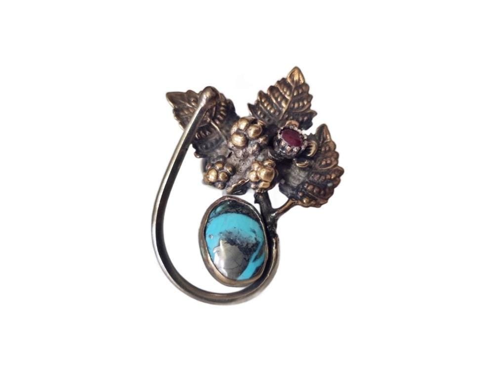 Bohemian Ruby Flower Ring: Turquoise, Forest Leaves, Adjustable
