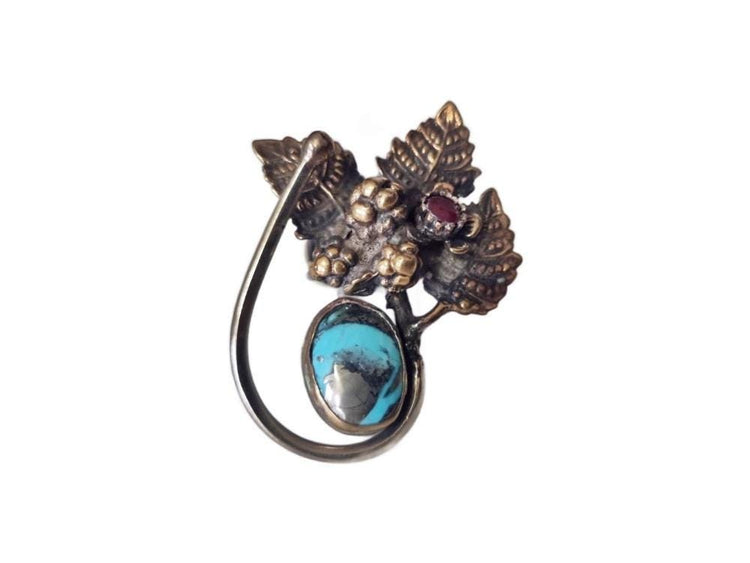 Bohemian Ruby Flower Ring: Turquoise, Forest Leaves, Adjustable