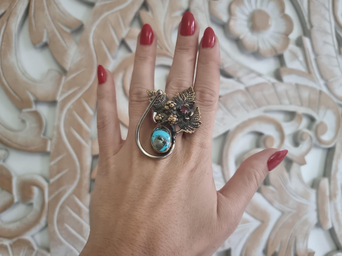 Bohemian Ruby Flower Ring: Turquoise, Forest Leaves, Adjustable