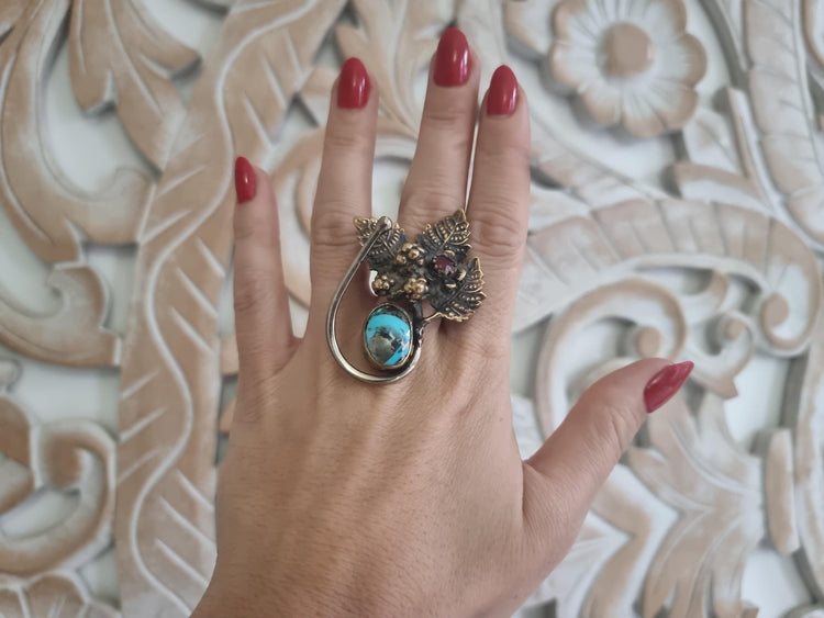 Bohemian Ruby Flower Ring: Turquoise, Forest Leaves, Adjustable