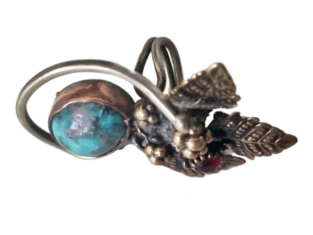 Bohemian Ruby Flower Ring: Turquoise, Forest Leaves, Adjustable