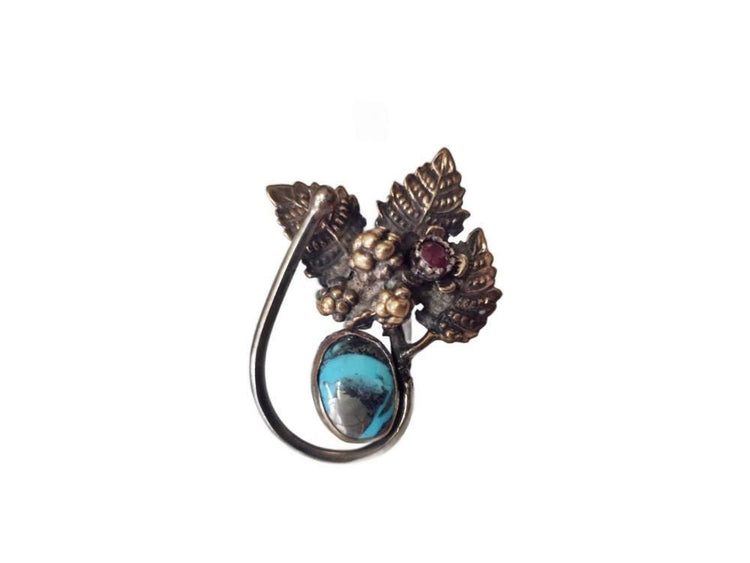Bohemian Ruby Flower Ring: Turquoise, Forest Leaves, Adjustable