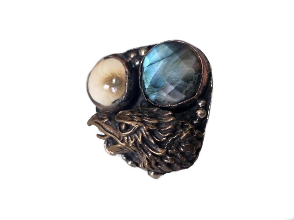 Eagle Statement Ring, Labradorite Horn Ring, Boho Biker Jewelry, Adjustable Animal Ring, Handmade Gemstone Ring, Gift for Her