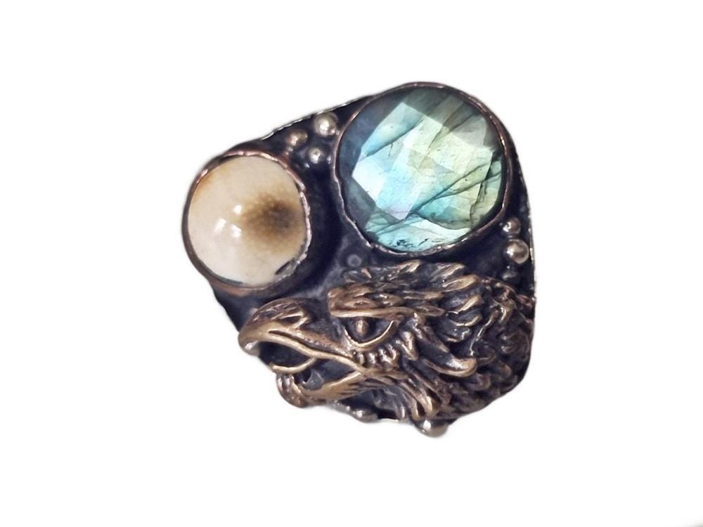 Eagle Statement Ring, Labradorite Horn Ring, Boho Biker Jewelry, Adjustable Animal Ring, Handmade Gemstone Ring, Gift for Her