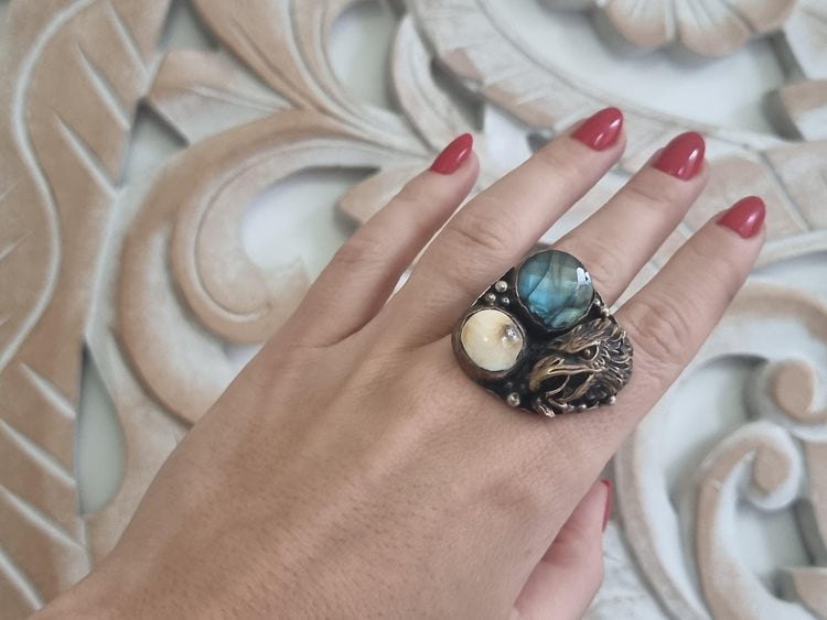 Eagle Statement Ring, Labradorite Horn Ring, Boho Biker Jewelry, Adjustable Animal Ring, Handmade Gemstone Ring, Gift for Her