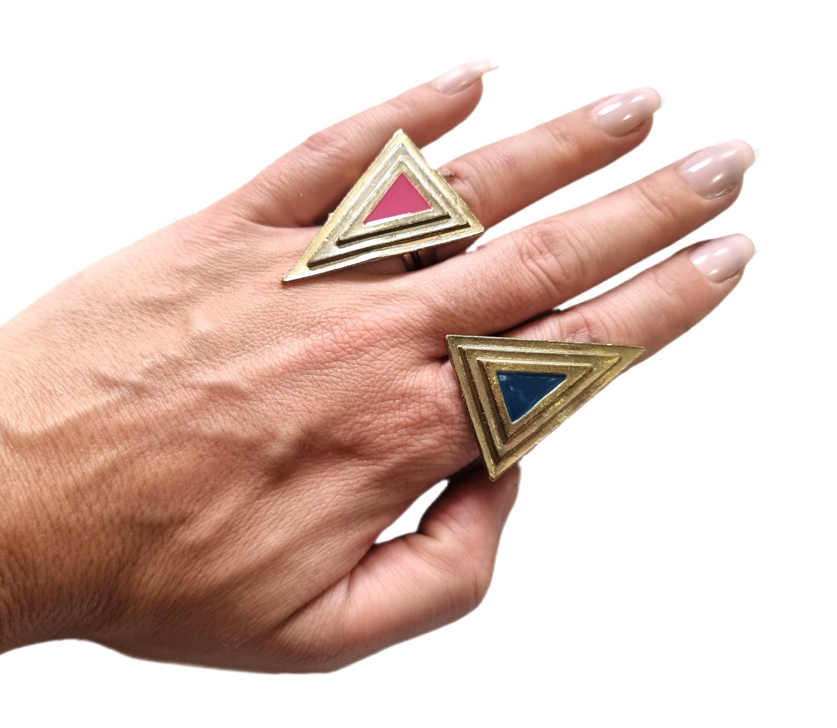 Gold Triangle Ring: Pink Enamel Art Deco Adjustable Statement Ring