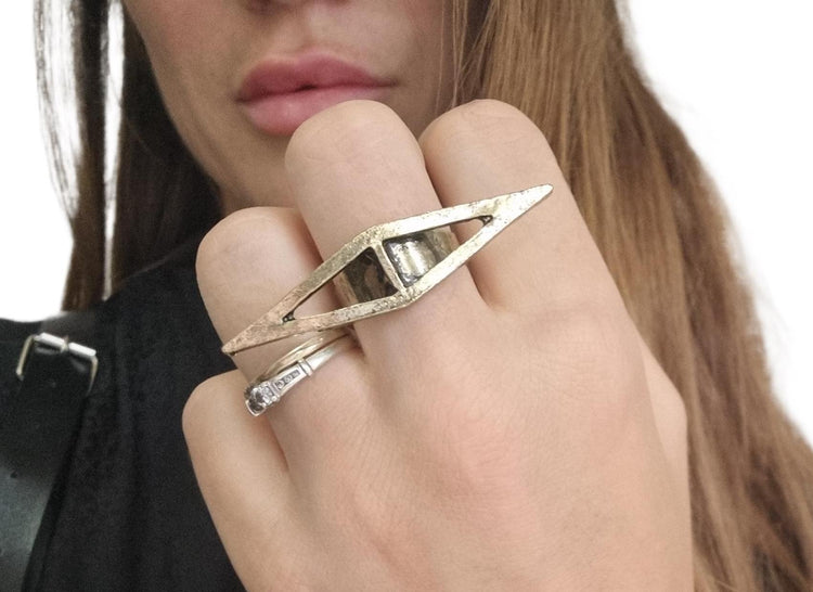 Gold Triangle Double Ring: 80s Art Deco Statement Jewelry