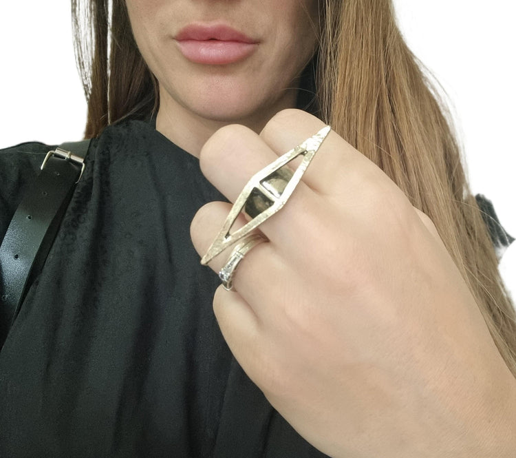 Gold Triangle Double Ring: 80s Art Deco Statement Jewelry