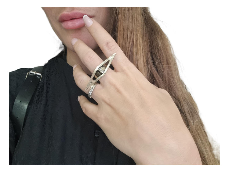 Gold Triangle Double Ring: 80s Art Deco Statement Jewelry