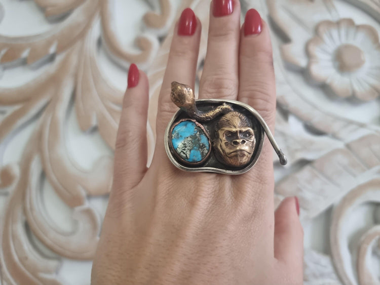 One of a Kind Gorilla Snake Ring, Adjustable Turquoise Gemstone Statement Ring, Handmade Boho Jewelry, Unique Gift for Her
