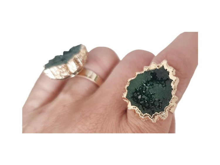 Raw Green Crystal Ring: Adjustable Gold-Plated Boho Statement Ring