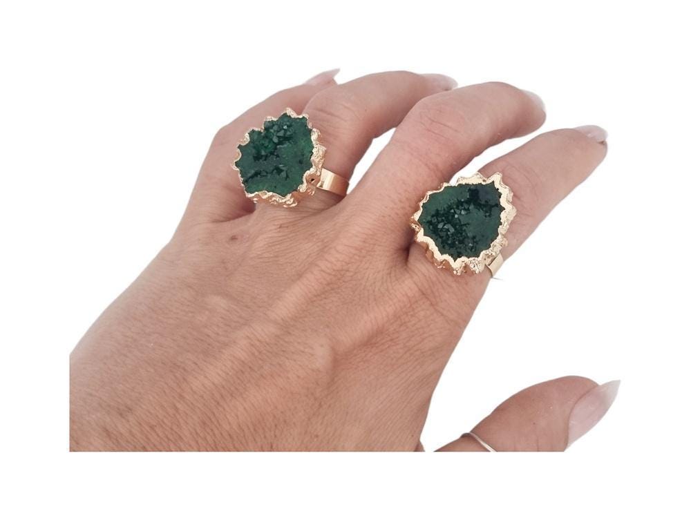 Raw Green Crystal Ring: Adjustable Gold-Plated Boho Statement Ring