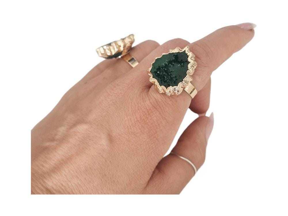 Raw Green Crystal Ring: Adjustable Gold-Plated Boho Statement Ring