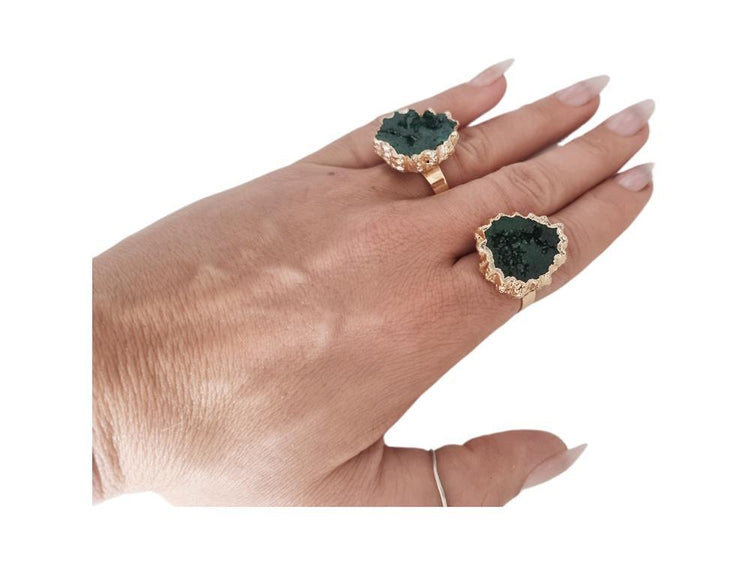 Raw Green Crystal Ring: Adjustable Gold-Plated Boho Statement Ring