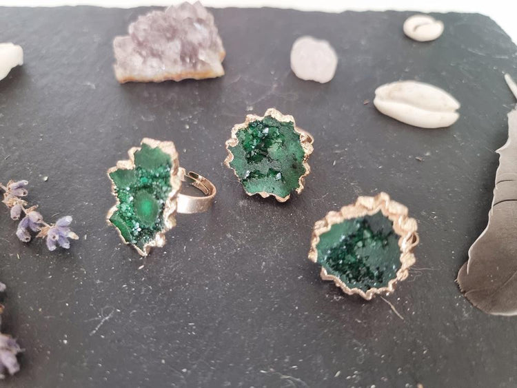Raw Green Crystal Ring: Adjustable Gold-Plated Boho Statement Ring