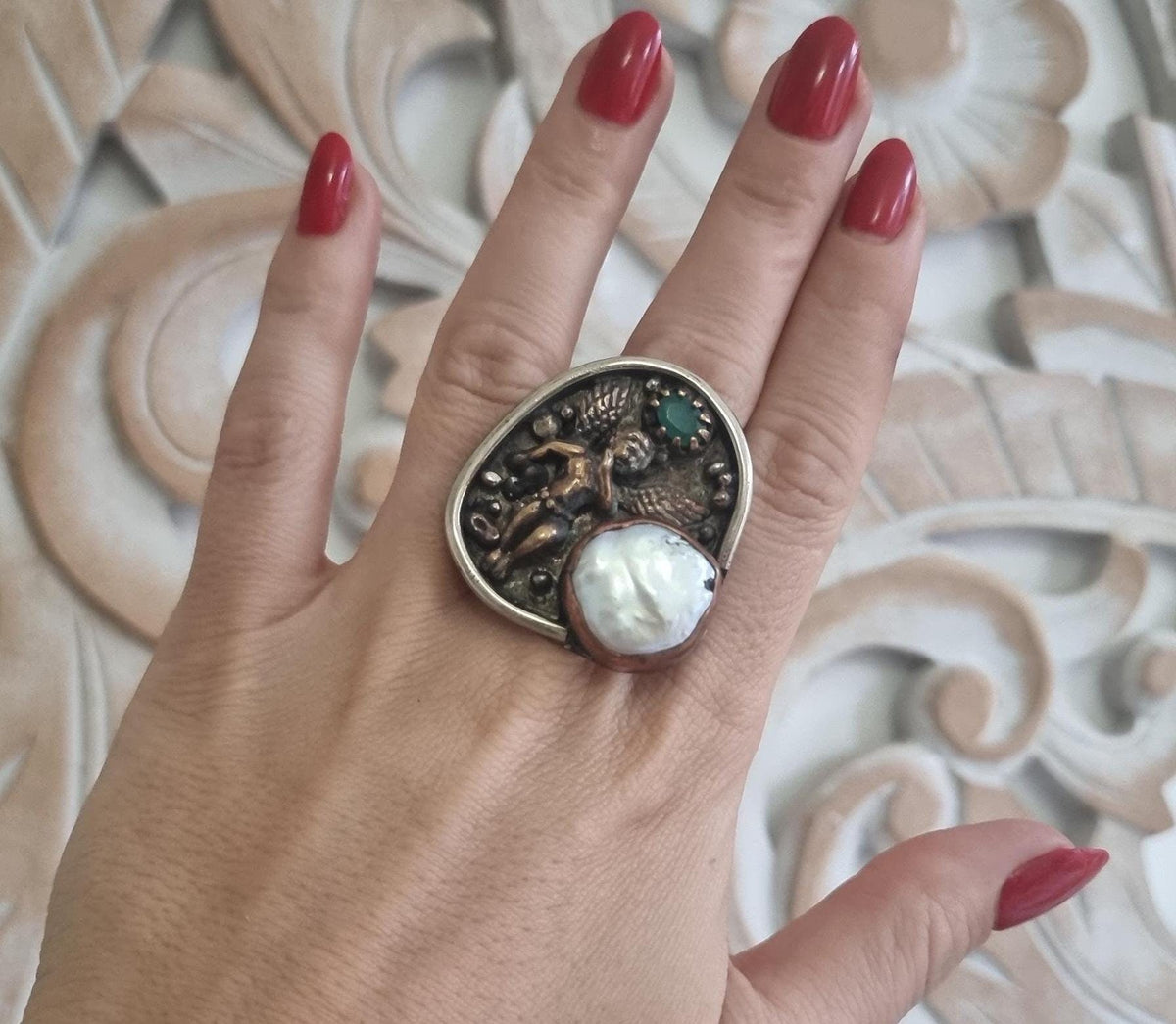 One of a Kind Angel Ring, Pearl Agate Statement Ring, Handmade Christian Jewelry, Guardian Angel Ring, Adjustable Boho Gift for Her